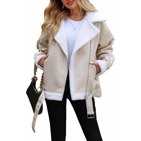 Women beige LY VAREY LIN Faux Leather Sherpa Aviator Bomber Jacket - Picture 1 of 7